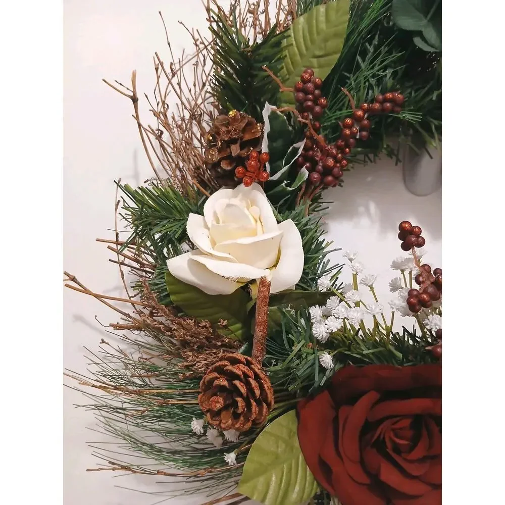Winter Door Wreath Elegant Victorian ROSES Holiday Decor Christmas Arrangement‎